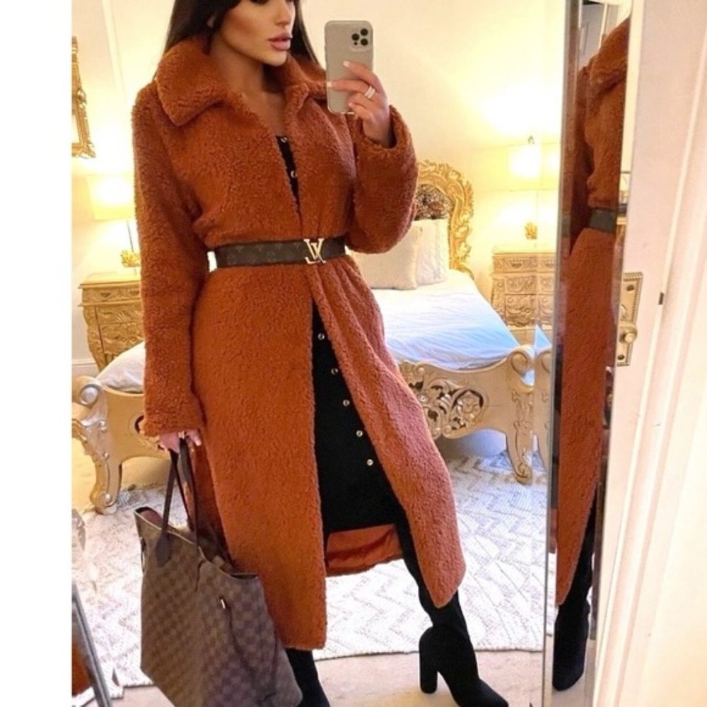 Rust Long Sleeve Oversized Long Maxi Teddy Bear Fur Coat - Picture 7 of 9
